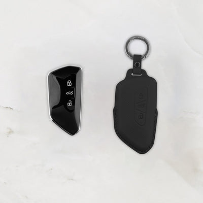 Black leather key cover for Volkswagen & Skoda smart key