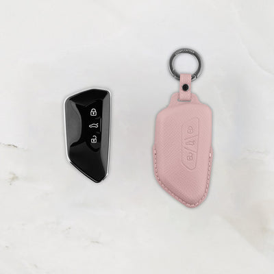 Pink leather key cover for Volkswagen & Skoda smart key