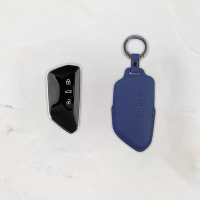 Blue leather key cover for Volkswagen & Skoda smart key