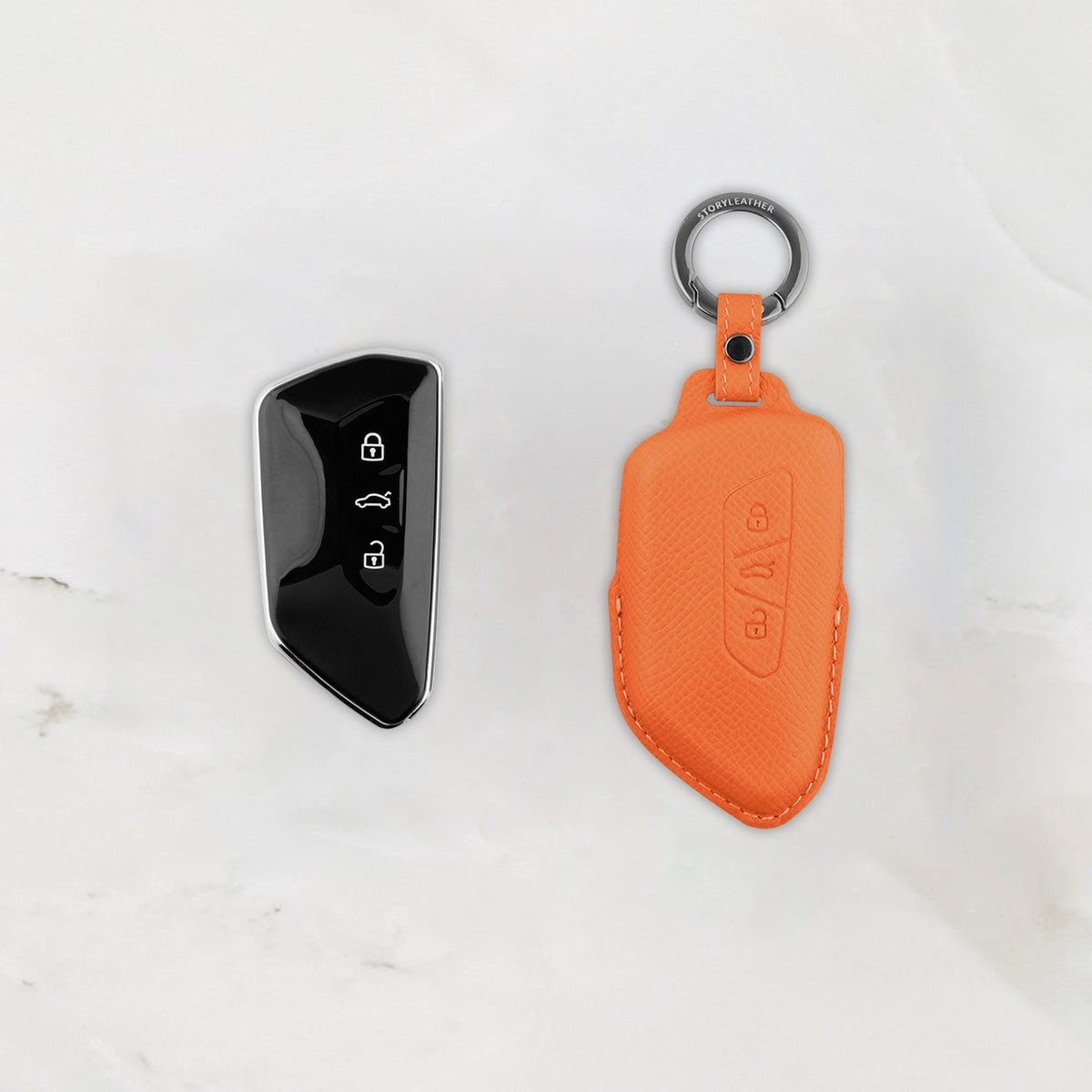 Orange leather key cover for Volkswagen & Skoda smart key